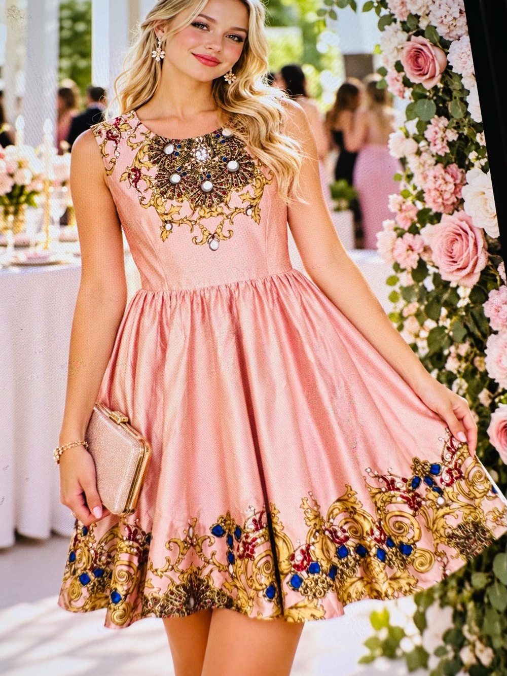 Joe Fresh Pink Embellished Gold-Appliqué Party Dress